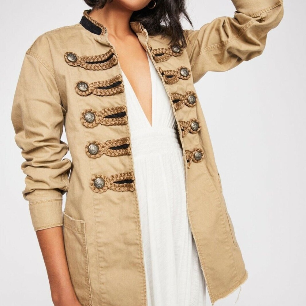Free People Tan Utility Military Jacket with Relaxed Fit